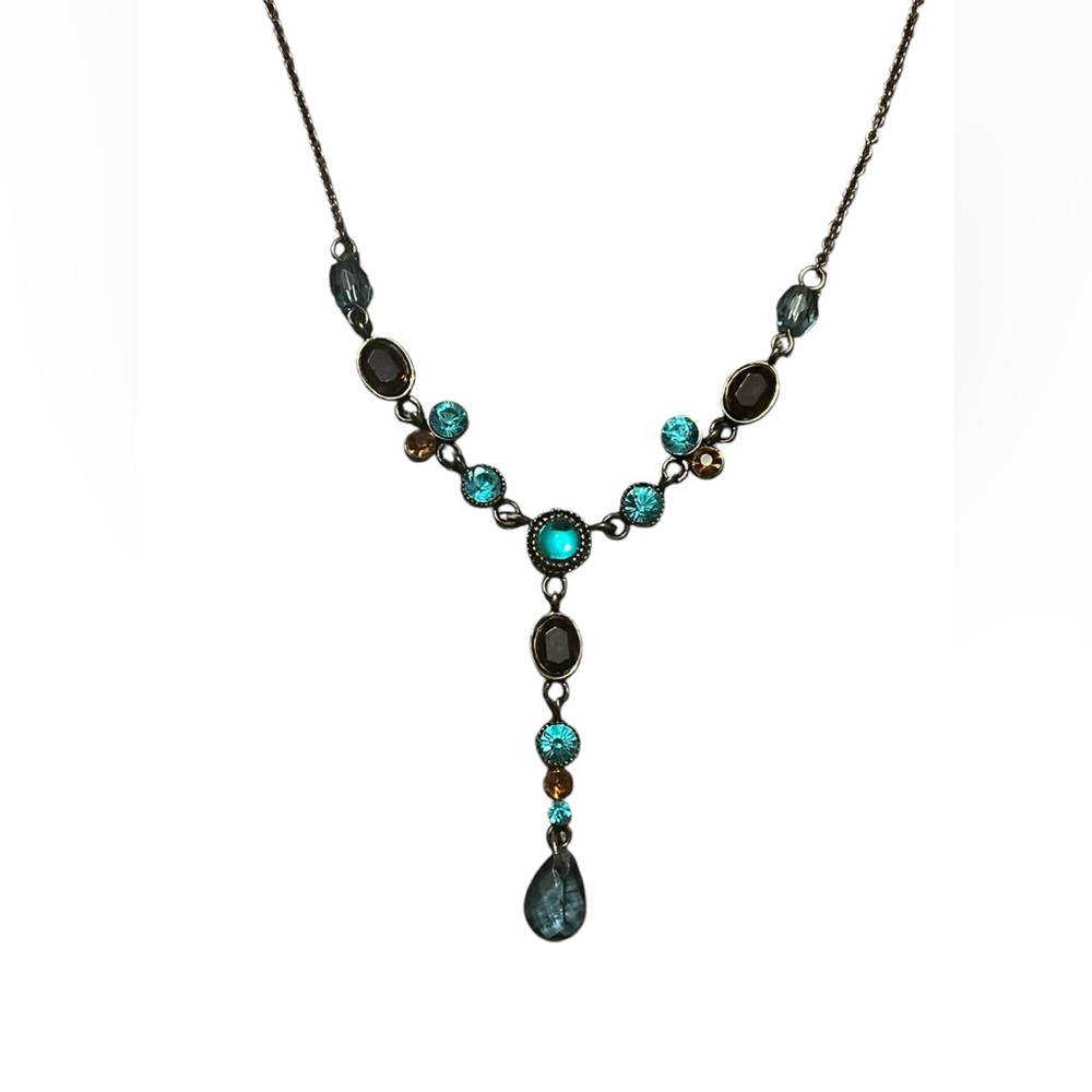 Beautiful Festive Tear Drop Blue and Brown Princess Core Necklace 19 inches long